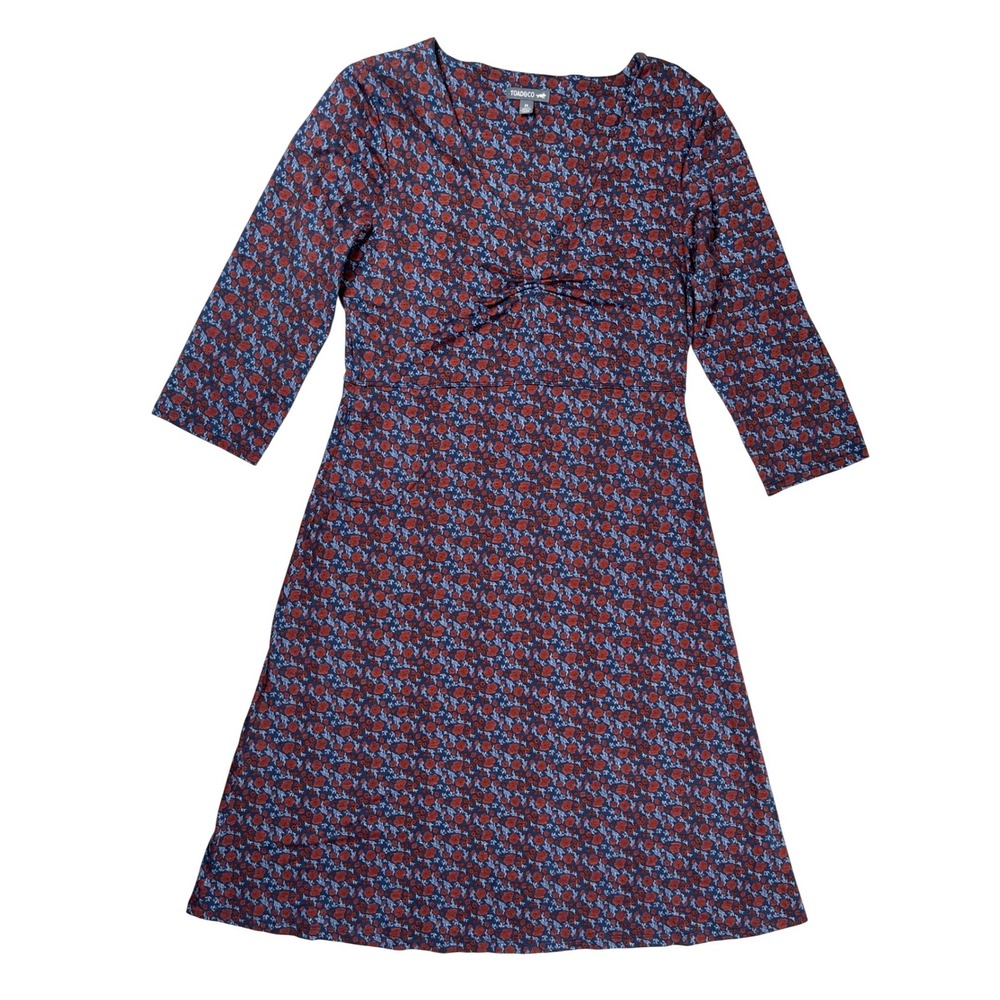 Toad&Co‎ Rosalinda Dress Women Medium Blue Red Floral V-Neck Ogan Cotton Skater